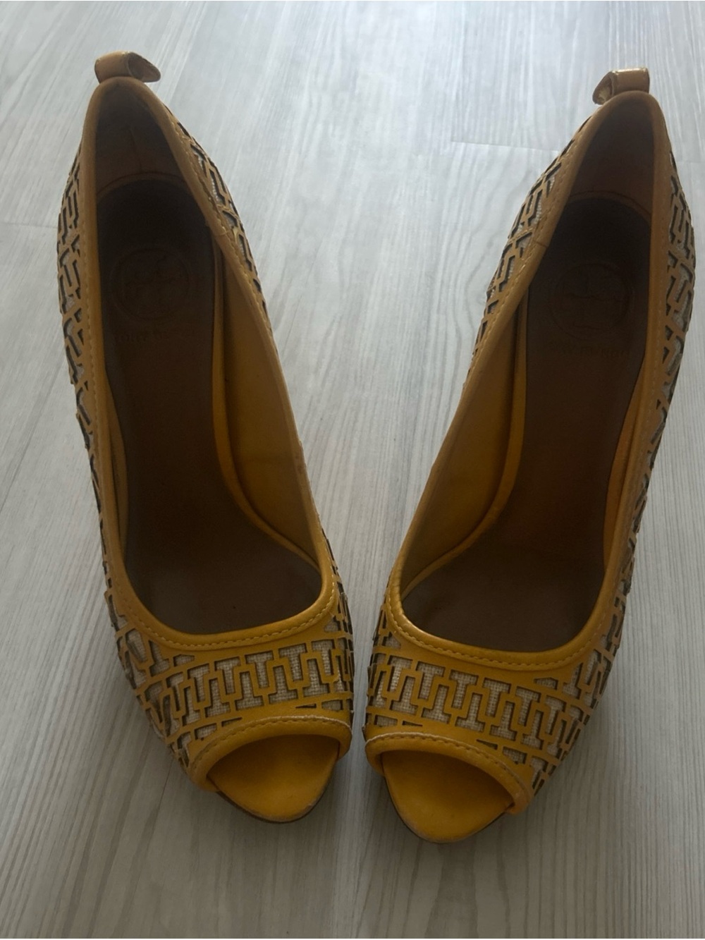 Tory Burch Yellow Perforated Peep-Toe Heels